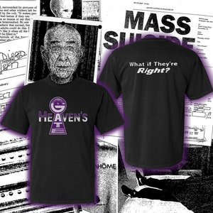 Könnte beinhalten: Schwarzes T-Shirt mit einer lilafarbenen Grafik eines Schlüsselloches und dem Text "HEAVEN'S" auf der Vorderseite. Die Rückseite des Shirts trägt den Text "What if They're Right?" in Weiß.