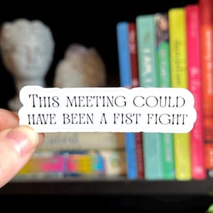 May include: A white sticker with the text "THIS MEETING COULD HAVE BEEN A FIST FIGHT" in black, held in front of a bookshelf with colorful books and a white bust.