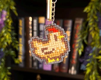 Cross Stitch Handmade Stardew Valley Brown Chicken Keychain