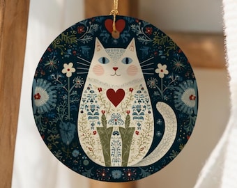 Scandinavian Cat Christmas Tree Ornament Nordic Folk Art Ceramic Ornament Gift Swedish Folk Art Norwegian Christmas Home Decor European Gift