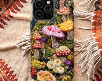 Embroidery Mushroom Phone Case, Fairycore Case, Embroidery-Style Woodland Design iPhone 17 16 15 14, Samsung Galaxy S23 S24 S25 S26 Ultra