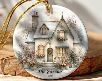 Personalized Family Christmas Ornament, Custom Family Name & Year, Snowy Cottage Watercolor Ornament, Christmas Keepsake Gift