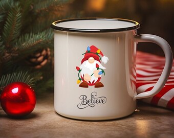Christmas Gnome Enamel Camp Cup, Christmas Gift, Stocking Stuffer, Kids Hot Cocoa Chocolate/Coffee Mug Farmhouse Décor