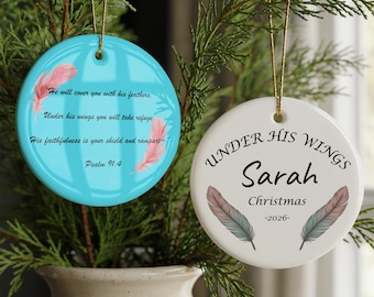 Personalized Psalm 91:4 Ornament, Christian Christmas Ornament, Bible Verse Gift, Custom Name Keepsake, Under His Wings
