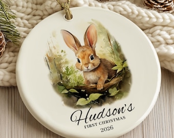 Personalized Baby's First Christmas Ornament, Watercolor Bunny Ornament, Custom Name Ornament for Newborn New Baby Gift Baby Shower Keepsake