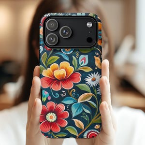 Scandinavian Folk Art Tough Case, Nordic Floral Geometric Design, iPhone 18 Pro Case, iPhone 17 Case, Galaxy S26 Case, MagSafe Matte Glossy image 1