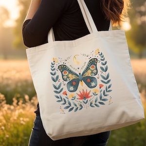 Scandinavian Butterfly & Moth Cotton Tote Bag, Butterfly/Moon Canvas Shopping Tote, Fairycore Shopping Bag, Cottage Core, Bohemian Design