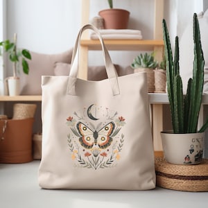 Butterfly/Moon Canvas Shopping Tote, Cottage Core, Bohemian Design, Scandinavian Butterfly & Moth Cotton Tote Bag, Fairycore Shopping Bag