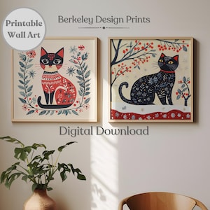 Printable Norwegian Wall Art, Swedish Cat Print Scandinavian Folk Art Print, Digital Download Nordic Wall Art, Scandinavian Folk Art Pattern
