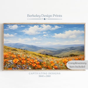 May include: A framed landscape print featuring a vibrant field of orange poppies under a blue sky with fluffy white clouds. The print is labeled "Berkeley Design Prints" and "Captivating Designs 3840 x 2160". A "Complimentary Item Included" tag is visible.