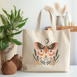 Scandinavian Butterfly & Moth Cotton Tote Bag, Butterfly/Moon Canvas Shopping Tote, Fairycore Shopping Bag, Cottage Core, Bohemian Design