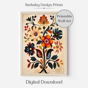 Printable Swedish Floral Art, Scandinavian Wall Art, Norwegian Rosemaling Folk Art Print, Scandinavian Folk Art Pattern, Digital Download