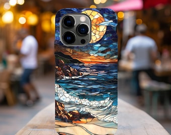 Stained Glass Ocean Moon iPhone Case, Coastal Beach Sunset Case Summer Custom Mosaic iPhone 17 16 15 14 Samsung Galaxy S23 S24 S25 S26 Ultra