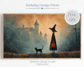Witch And Cat Halloween Samsung Frame TV Art, Fall Farmhouse Moody Halloween Art, Vintage Style Textured Oil Painting Digital Download