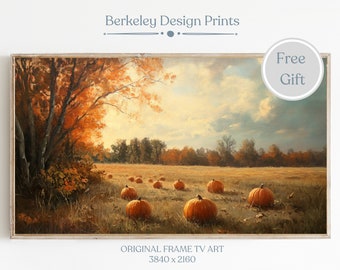 Field Of Pumpkins Frame Tv Art, Fall Wall Art, Vintage Autumn Oil Painting, Digital Download, Farmhouse Decor, Rustic Thanksgiving Wall Art