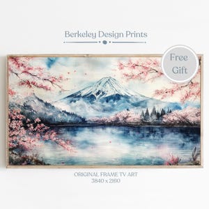 Samsung Frame TV Art Spring Mt Fuji Japan Vintage Watercolor On Canvas Wall Art For Frame Tv Snow and Cherry Blossoms Digital Download
