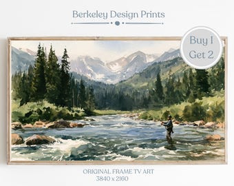 Fly Fishing Frame TV Art, Alpine Mountain River Watercolor, Fishing Cabin Decor, Rocky River Landscape, Lodge Wall Art, Digital Download