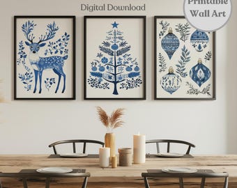 May include: Three framed prints with blue and white designs. One features a deer, another a Christmas tree, and the third, ornaments. The prints are labeled "Berkeley Design Prints" and "Digital Download."