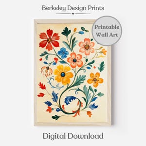 Printable Scandinavian Wall Art, Swedish Floral Print, Norwegian Rosemaling Folk Art Print, Digital Download, Scandinavian Folk Art Pattern