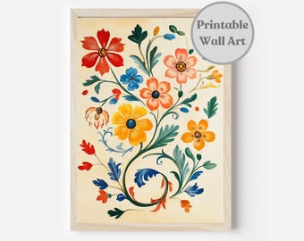 Utskrivbar skandinavisk väggkonst, svenskt blomstertryck, norskt rosemaling-folkkonsttryck, digital nedladdning, skandinaviskt folkkonstmönster