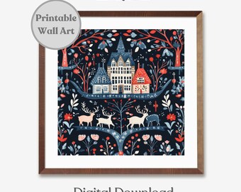 Printable Norwegian Folk Art Print, Scandinavian Wall Art, Swedish Christmas Print, Digital Download, Scandinavian Folk Art Pattern