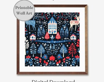 Printable Scandinavian Wall Art, Norwegian Folk Art Download Print, Swedish Christmas Print, Digital Download, Scandinavian Folk Art Pattern