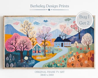 Frame TV Art Norwegian Village, Scenic Springtime Village, Vintage Folk Art Landscape, Scandinavian Style Art Decor, Nordic Inspired Design