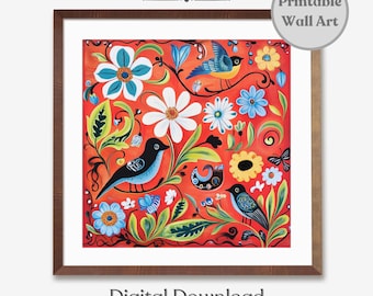 Printable Norwegian Rosemaling Folk Art Print, Swedish Folk Art Print, Scandinavian Wall Art, Scandinavian Folk Art Pattern Digital Download