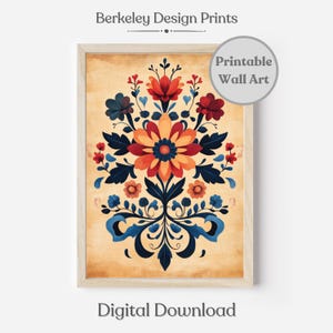 Printable Scandinavian Wall Art, Swedish Floral Art, Norwegian Rosemaling Folk Art Print, Scandinavian Folk Art Pattern, Digital Download
