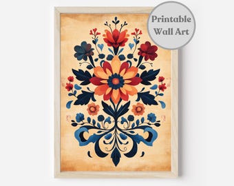 Utskrivbar skandinavisk väggkonst, svensk blomsterkonst, norsk rosemaling folkkonsttryck, skandinaviskt folkkonstmönster, digital nedladdning