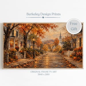 May include: A digital art print depicting a quiet autumn street scene with houses, a church steeple, and trees with orange foliage. The road is covered in fallen leaves, and pumpkins are placed near fences. The text reads Berkeley Design Prints.