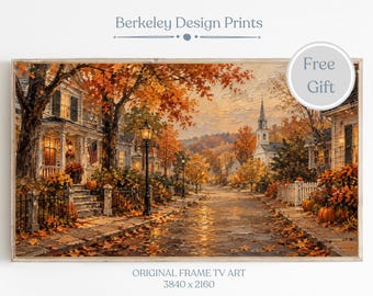 Autumn New England Frame TV Art, Cozy Vermont Village Fall Painting, Pumpkin Street Scene, Vintage Fall Landscape Digital Download