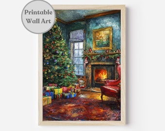 Printable Christmas Wall Art, Vintage Christmas Tree Print, Winter Home Decor, Digital Download, Moody Winter Wall Art, Xmas Oil Painting