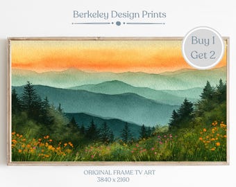 Samsung Frame TV Art, Smoky Mountains Watercolor Painting, Appalachian Landscape Wall Decor, Forest Sunrise Digital Download
