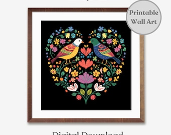Printable Scandinavian folk Art Floral Bird Print, NorwegianWall Art Print, Swedish Folk Art Print, Bedroom Living Room Home Cafe Decor