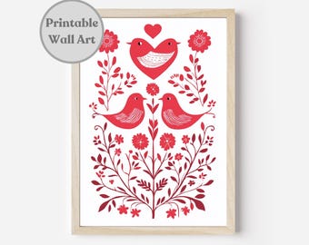 Scandinavian Valentines Printable, Scandinavian Folk Art Gift, Digital Download Nordic Birds Print Sweedish Pattern Floral Rustic Wall Decor