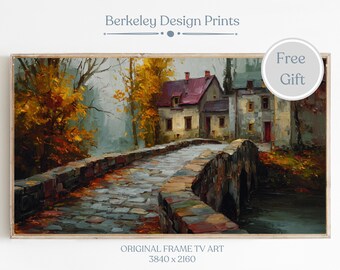 May include: A framed landscape painting featuring a stone bridge over a stream, with buildings and trees in the background. The artwork has a warm color palette of browns, oranges, and greens, with the text "Berkeley Design Prints" at the top.