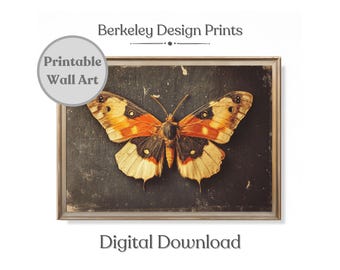 Antike Motte Kunstdruck, Vintage Orange Schmetterling Malerei, Cottagecore druckbare digitale Download, dunkle Moody ästhetische Natur Wandkunst