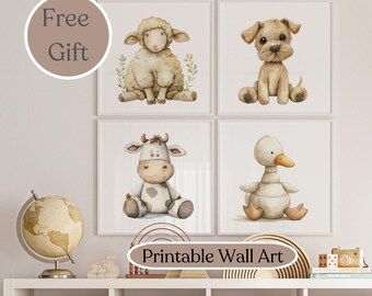 Farm Animal Prints, Digital Download Print Set Of 4, Nursery Animal Print, Farm Nursery Decor, Kids Room Cute Farm Animals Nursery Theme