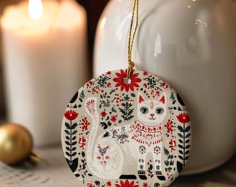 Nordic Folk Art Christmas Tree Ornament Scandinavian Cat Ceramic Ornament Gift Swedish Folk Art Norwegian Christmas Home Decor European Gift