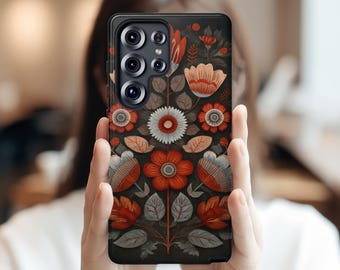 Scandinavian Floral Phone Case, Nordic Folk Art, MagSafe Combatible iPhone Case, Boho Aesthetic Galaxy Pixel Case