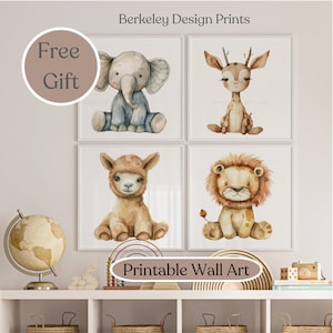Safari Animal Prints, Digital Download Print Set Of 4, Cute Nursery Animal Print, Safari Nursery Decor, Safari Animals Jungle Nursery Theme