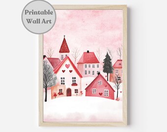 Printable Scandinavian Valentines Print, Swedish Style Wall Decor, Nordic Folk Art Gift, Digital Download,  Cute Valentine Village Wall Art