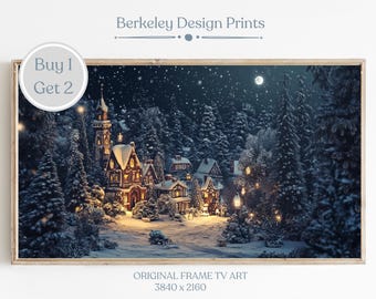 Frame TV Art Winter Village, Christmas Town Frame TV Art, Farmhouse Christmas Tv Art, Snowy Winter Painting, Holiday Decor, Digital Download