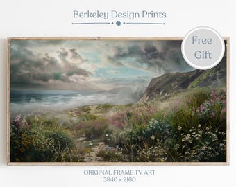 Moody Coastal Meadow Frame TV Art, Wildflower Cliff Landscape, Misty Ocean Scene Digital Download, Samsung Frame TV Art Neutral Decor