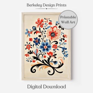 Printable Scandinavian Wall Art, Norwegian Rosemaling Folk Art Print, Swedish Floral Art, Scandinavian Folk Art Pattern, Digital Download