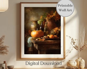 May include: A framed digital print featuring a still life with a pumpkin, gourds, and autumn leaves. The artwork includes a rustic table, vases, and bottles. Text on the print reads "Berkeley Design Prints", "Printable Wall Art", and "Digital Download".