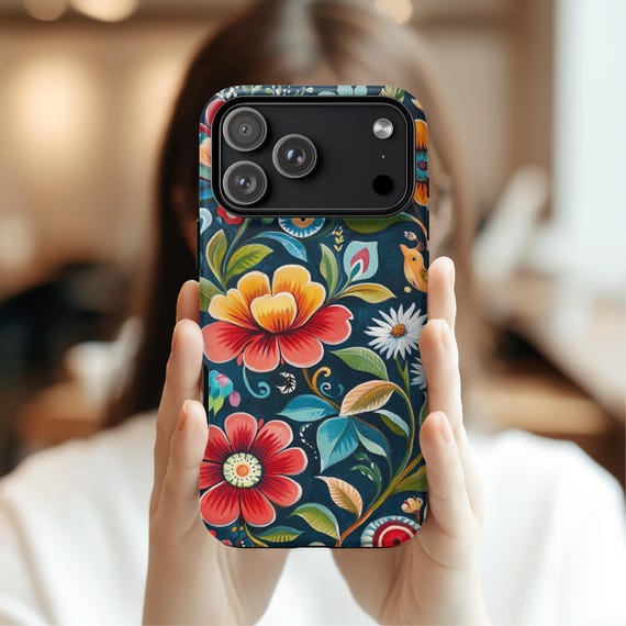 Scandinavian Folk Art Tough Case, Nordic Floral Geometric Design, iPhone 18 Pro Case, iPhone 17 Case, Galaxy S26 Case, MagSafe Matte Glossy