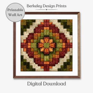 Op de afbeelding: Een ingelijste digitale print met een geometrisch patroon in rood, groen, oranje en beige tinten. Het kunstwerk heeft een centraal bloemachtig patroon en is voorzien van de tekst "Berkeley Design Prints" en "Digital Download".