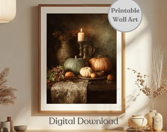 May include: A framed still life print featuring a candle, pumpkins, grapes, and a vase. The artwork has a warm color palette with a vintage aesthetic. Text on the print reads "Berkeley Design Prints" and "Digital Download". A circular graphic says "Printable Wall Art".